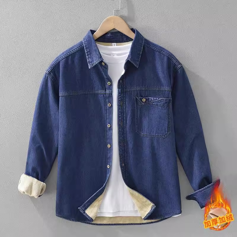 加绒加厚牛仔长袖衬衫男士秋冬季休闲宽松保暖复古纯棉衬衣外套潮