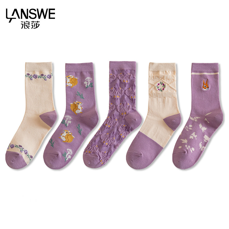 浪莎摩登3系袜子女秋冬天吸汗防臭精梳棉女士棉袜休闲中筒袜W6028