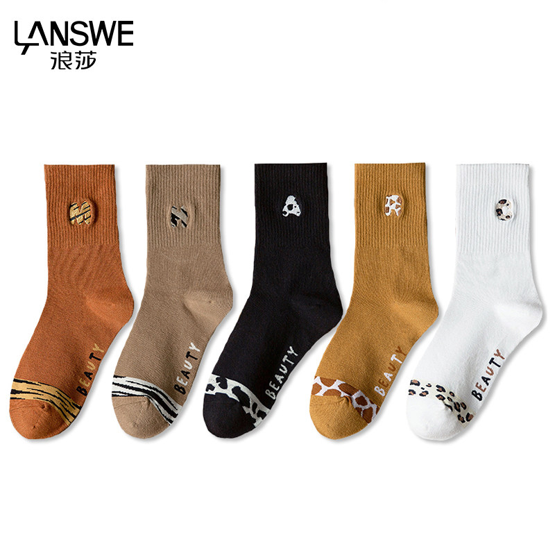 浪莎摩登4系袜子女秋冬吸汗防臭精梳棉女士棉袜休闲百搭中筒袜