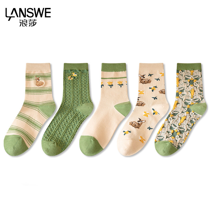 浪莎摩登4系袜子女秋冬吸汗防臭精梳棉女士棉袜休闲百搭中筒袜