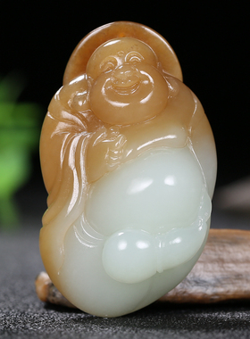 【久龙玉器】新疆天然正品和田玉且末糖吊坠和田玉挂件笑佛35.52