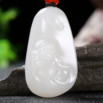 久龙玉器】天然臻品和田玉龙河羊脂玉挂件和田玉吊坠笑佛33.2131