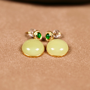 精品和田玉18k金黄玉和田玉平安耳坠6.4 久龙玉器