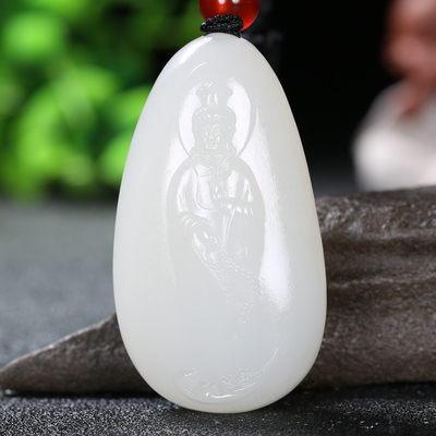 【久龙玉器】天然和田玉玉龙河羊脂玉吊坠和田玉挂件观音40.64