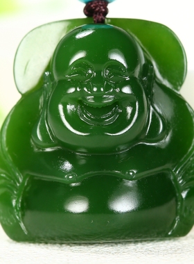 久龙玉器】天然菠菜绿无暇和田玉碧玉挂件和田玉吊坠笑佛12.180