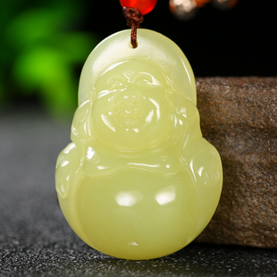 【久龙玉器】天然臻品和田玉若羌黄玉挂件和田玉吊坠笑佛16.7364