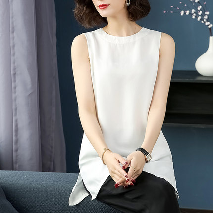 2026夏季新款重磅铜氨丝复古无袖长款开叉背心清凉丝滑宽松女T恤