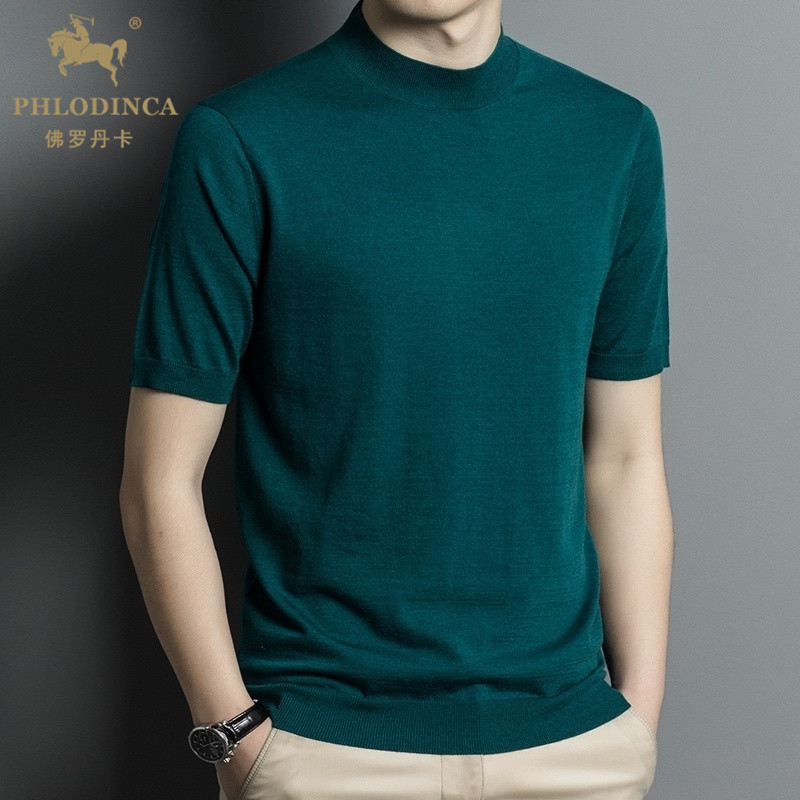 PHLODINCA 春秋半高领薄款短袖羊毛衫男纯色套头打底毛衣针织衫潮