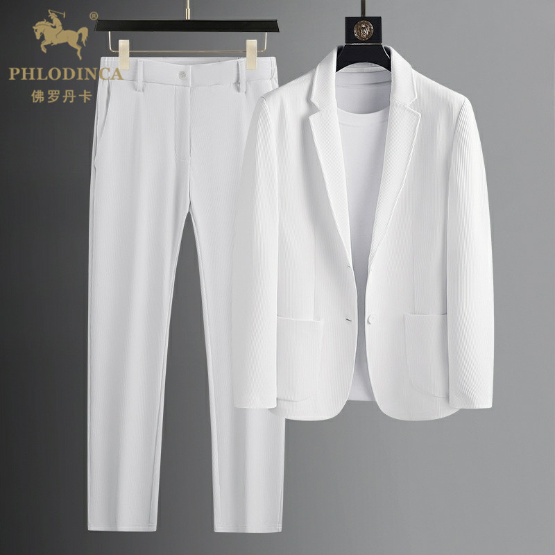 PHLODINCA 高端休闲 西装套装男高级感韩版潮流轻薄褶皱西服两件