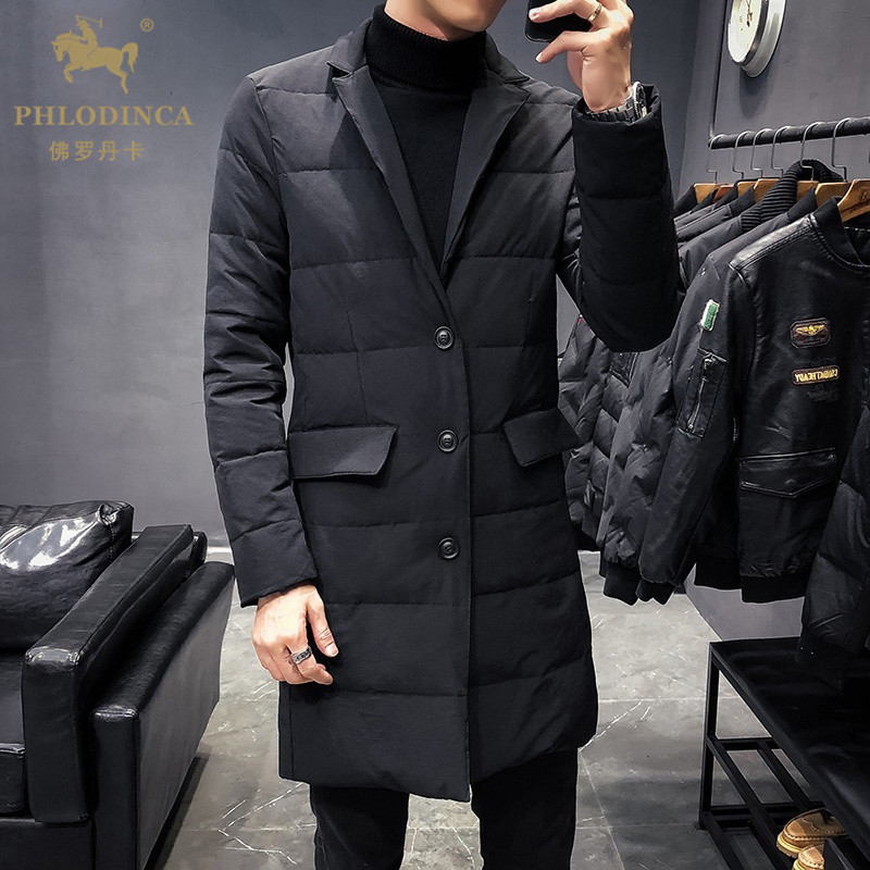 PHLODINCA 羽绒服男中长款冬季加厚青年西装领男士外套修身风衣潮