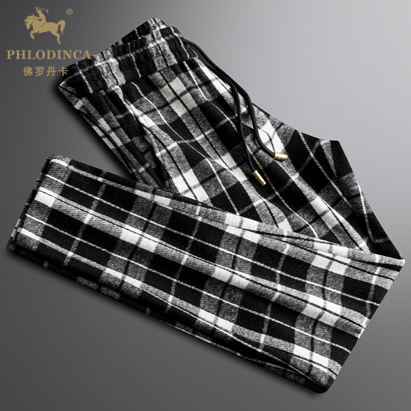 PHLODINCA 秋冬厚款黑白格裤子男青年直筒宽松保暖松紧羊毛休闲裤,男装,休闲裤,淘宝优惠券,粉丝福利购,淘宝优惠卷