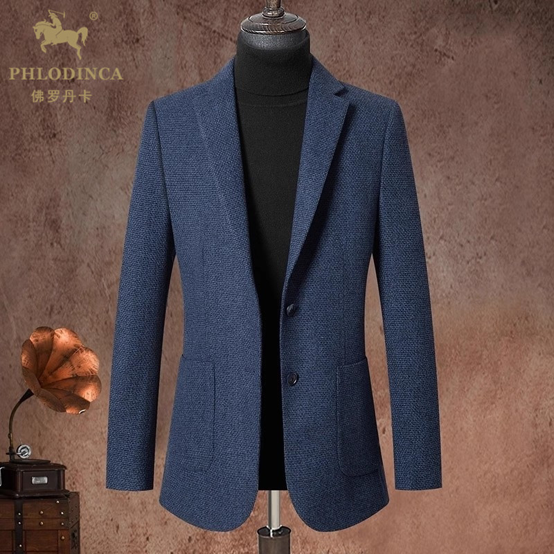 PHLODINCA 秋冬季高端休闲羊毛西装外套男商务千鸟格呢子西装外套
