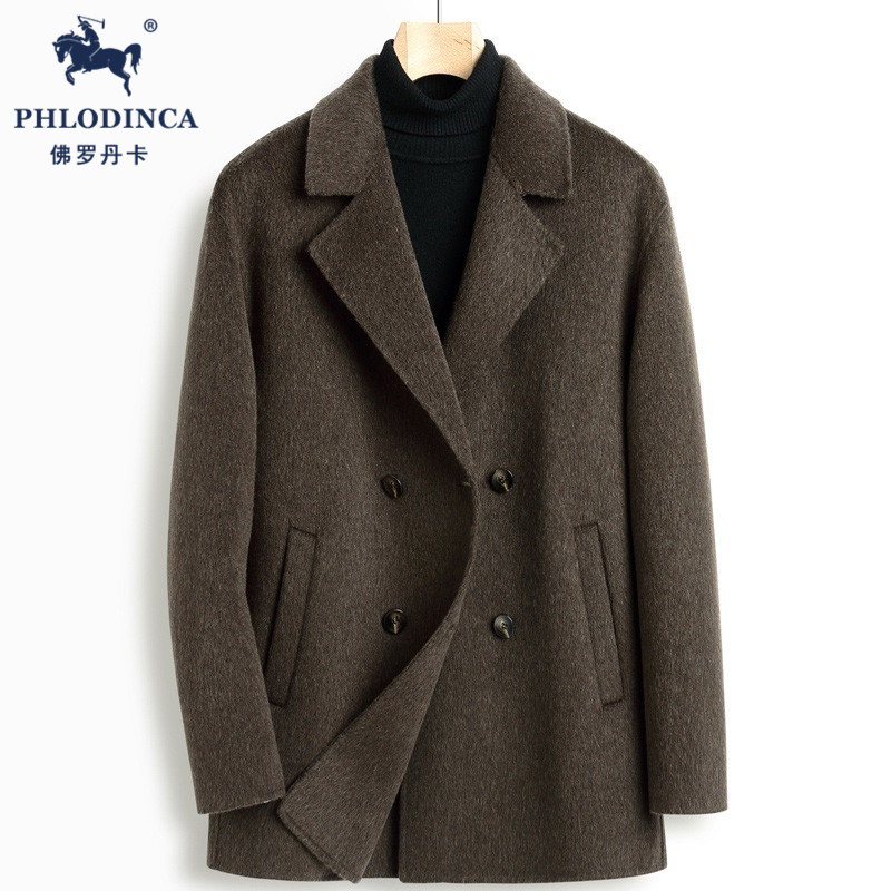 PHLODINCA 秋冬双面呢羊毛大衣男短款双排扣宽松加厚呢子夹克