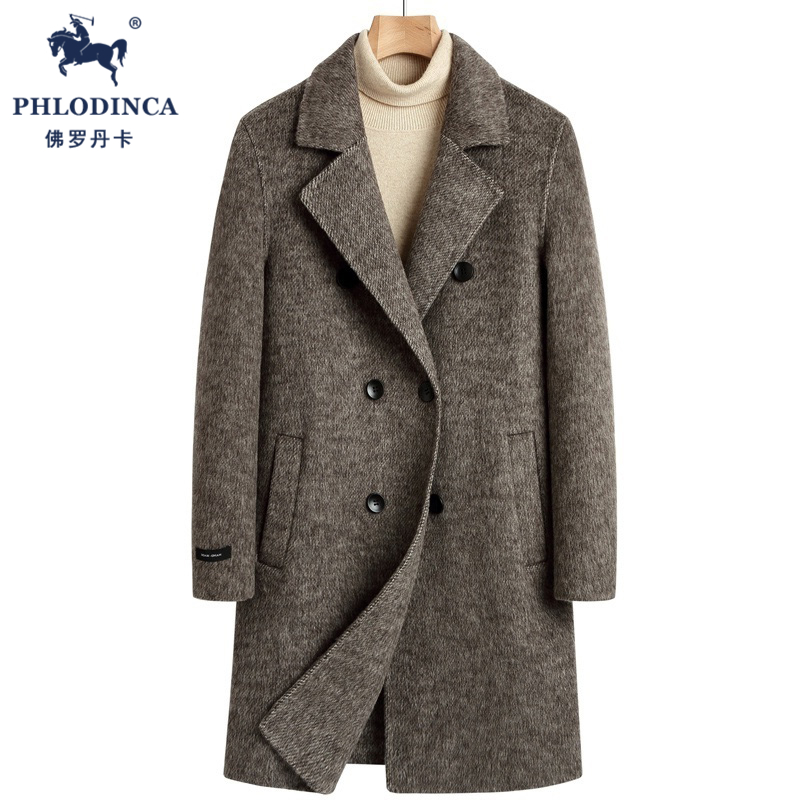 PHLODINCA 秋冬新款双面羊绒大衣男中长款加厚双排扣羊毛呢风衣