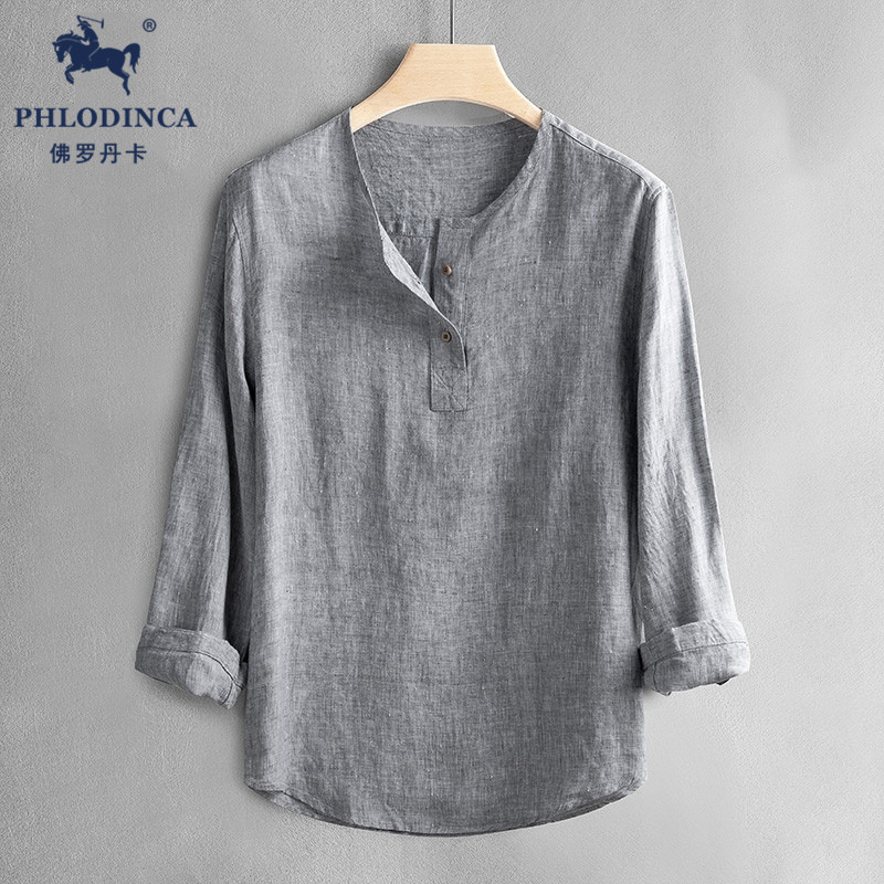 PHLODINCA 速干亚麻长袖t恤男春秋季2025新款圆领宽松套头上衣