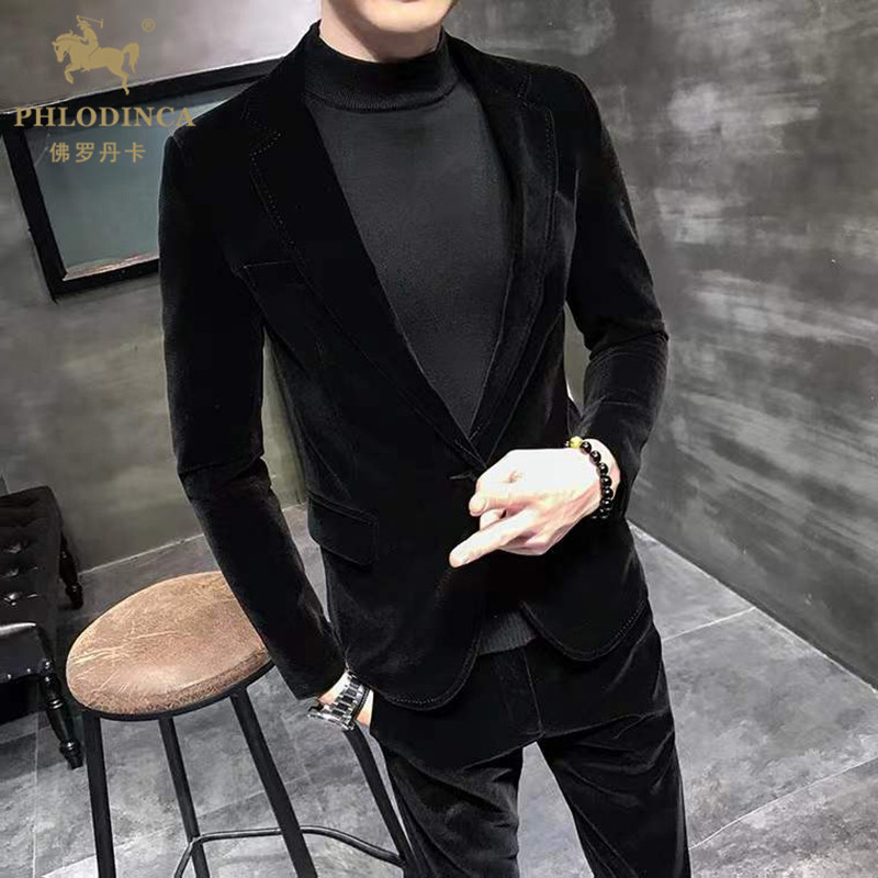 PHLODINCA 冬季青年金丝绒西装套装男韩版修身垂感平绒西服两件套