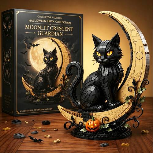 月牙黑猫积木套装万圣节弯月黑猫拼装积木小颗粒桌面收藏摆件跨境