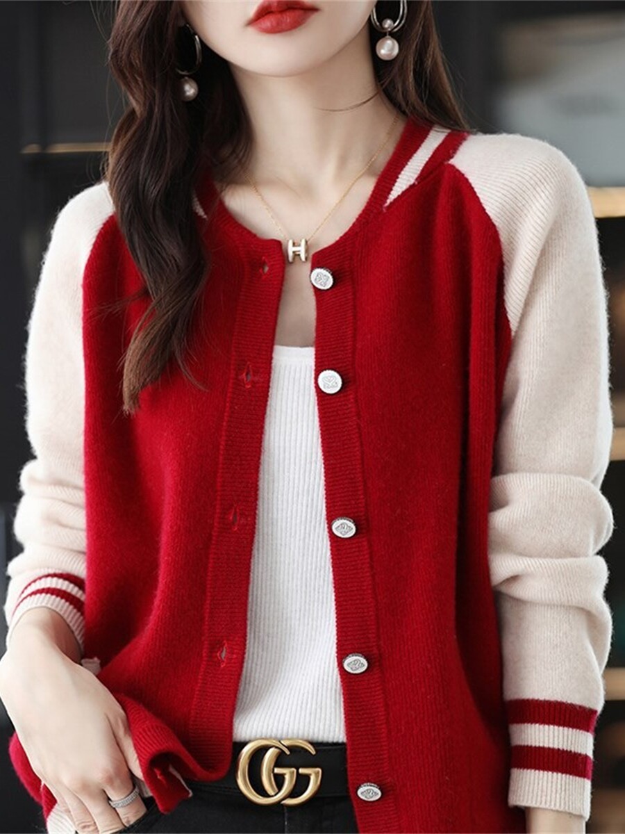 프랑스 가을 겨울 상품 새로운 다목적 싱글 브레스트 슬리밍 컬러 블록 라운드 넥 재킷 울 니트 가디건