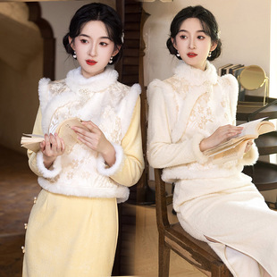 新中式国风加绒加厚保暖旗袍马甲套装秋冬季新款复古风年轻款少女