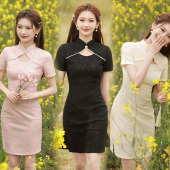 黑色短款 小个子修身 蕾丝旗袍年轻款 法式 显瘦连衣裙 少女夏季 新中式