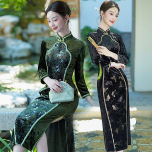 民国风复古老上海春秋 旗袍改良年轻款 显瘦黑色丝绒国风新中式 长袖