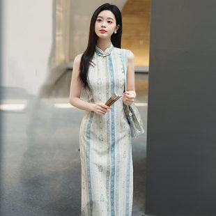 改良旗袍2026新款 长款 年轻款 少女复古修身 蓝色无袖 掐腰夏季 新中式