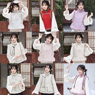 新中式日常改良马甲旗袍套装全开襟民国风小宫装冬款加绒加厚少女
