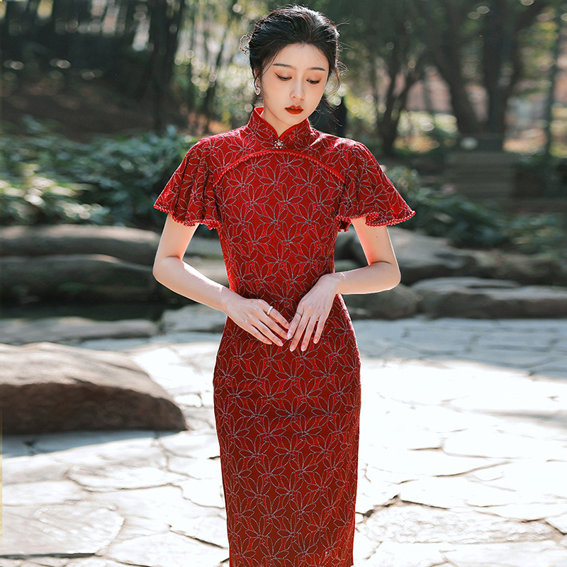 酒红蕾丝旗袍敬酒服中国风春夏年轻少女复古结婚礼服荷叶袖连衣裙