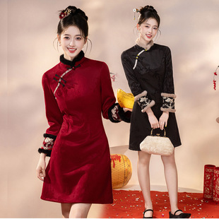 冬季旗袍女新中式加绒加厚2025新款小个子长袖黑色A摆连衣裙绝美