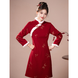小个子旗袍冬装2026新款秋冬红色连衣裙加绒加厚绣花改良新中式女