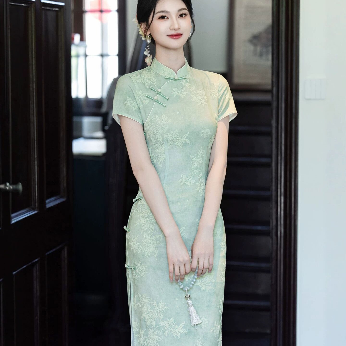 夏季长旗袍立体浮雕弹力网纱短袖