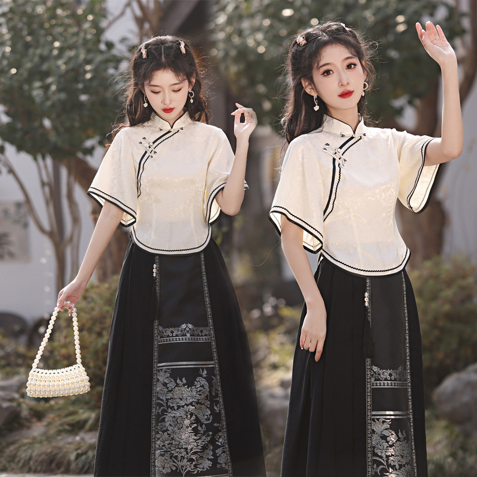 民国风学生旗袍套装复古法新中式大袖短款唐装上衣套装裙春茶服女