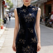 日常修身 新中式 2026春夏新款 丝绒旗袍长款 显瘦复古连衣裙 国风无袖