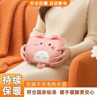 新国标超柔仿兔毛充电热水袋注水双插手暖手宝可爱卡通防爆电暖宝