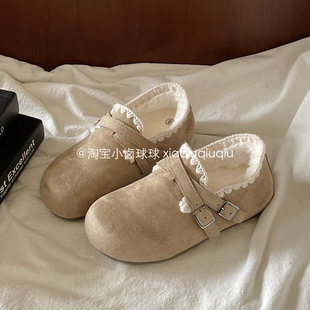 小卤球球勃肯鞋女鞋冬加绒保暖复古一脚蹬女鞋二棉鞋2025新款板鞋