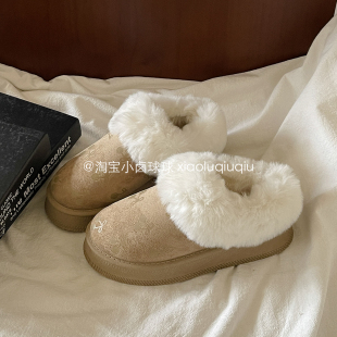 2025新款 冬加绒保暖厚底二棉鞋 一脚蹬 子女鞋 小卤球球短筒雪地靴鞋