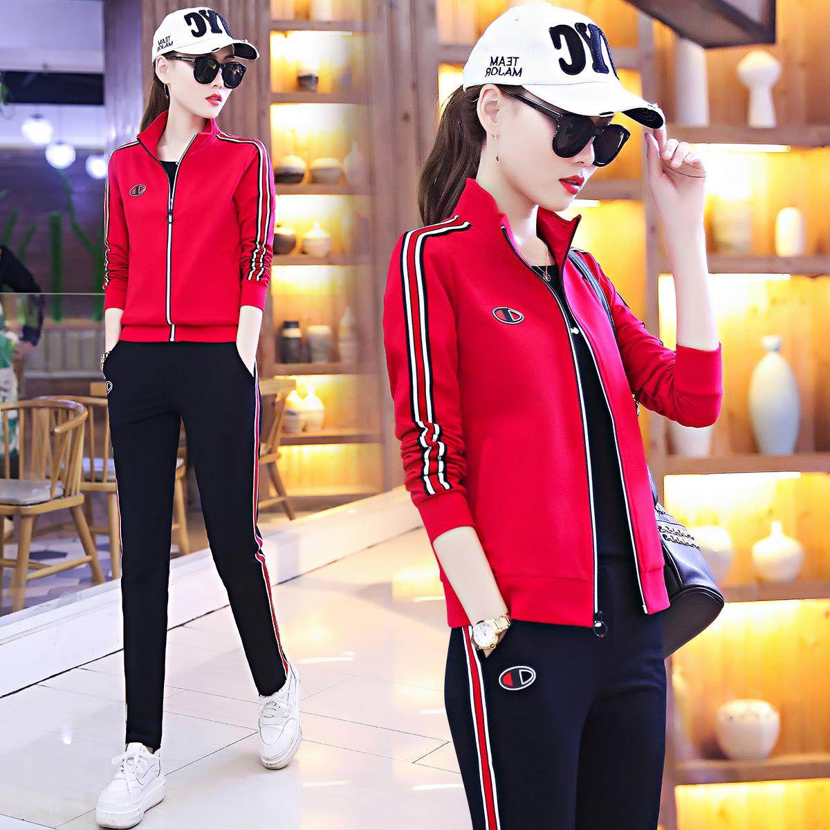 时尚运动套装女红色三件套2019新款春秋修身少女卫衣套装开衫休闲|ruв категории Женская одежда, костюм/студенты школьную форму/обмундирования, досуг, спортивный костюм - от Buy2taobao.com для оказания профессиональной услуги покупки агента Taobao