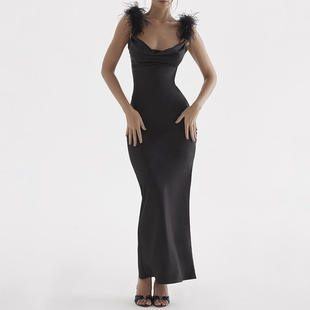 欧美风2025夏季吊带荡领连衣裙女性感辣妹露背高腰紧身长裙单件