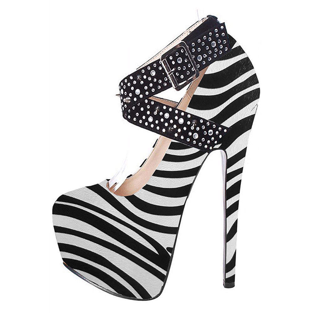 女单鞋交叉绑带水钻金属扣外贸原单高跟鞋水台斑马豹纹浅口单鞋