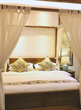 东南亚风美式中式主题酒店客栈床幔纱幔定制四柱架子床帘麻纱床幔