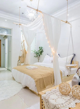 实木挂架纱幔波西米亚风东南亚风格民宿客栈酒店公寓吊杆床帘床幔