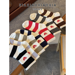 韩国进口女袜拼色条纹爱心束腰红色中筒棉袜 包邮 满五双