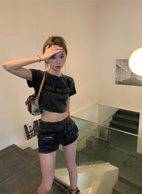 灰色短款纯棉短袖T恤女夏季高腰小个子修身正肩设计感辣妹上衣ins