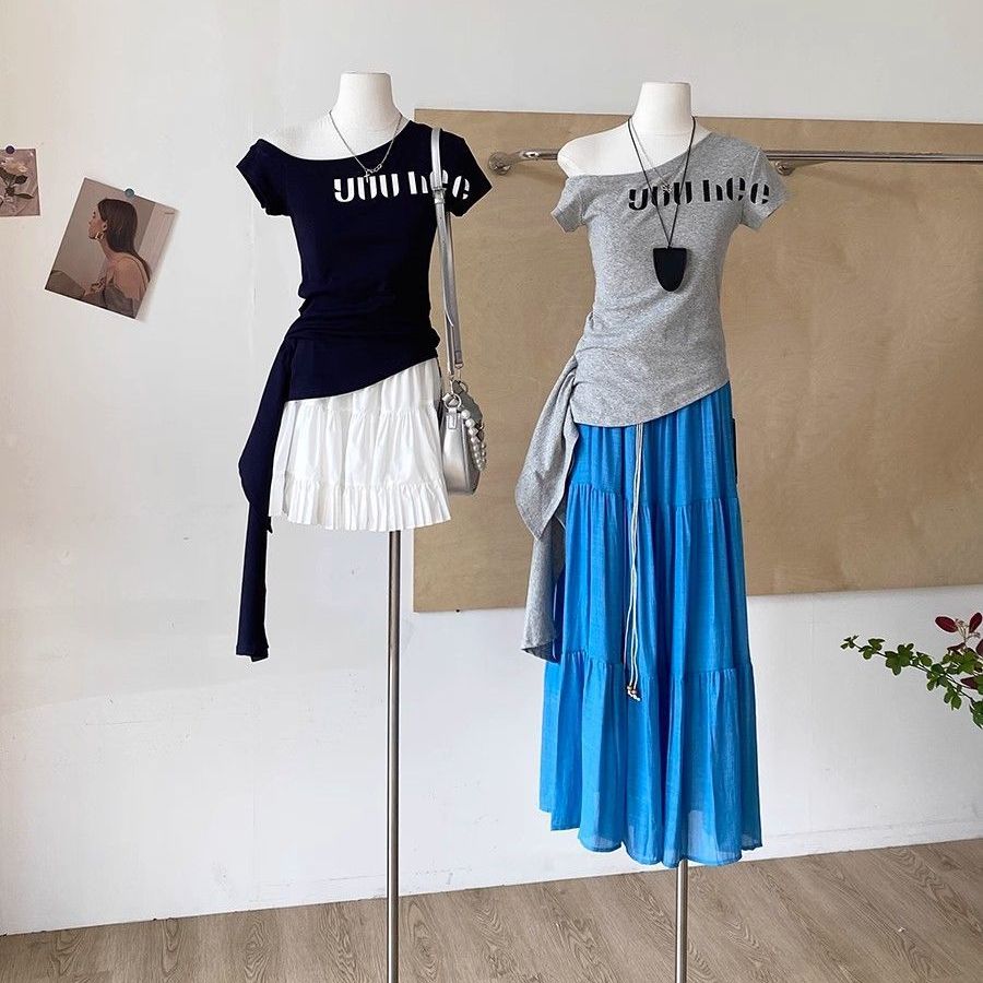 新款不规则飘带下摆休闲上衣