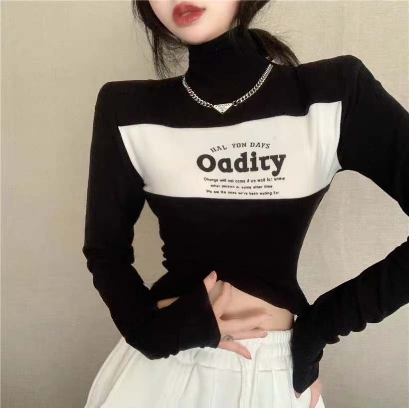 磨毛加绒高领长袖t恤女秋冬别致纯欲辣妹性感短款修身拼色上衣ins