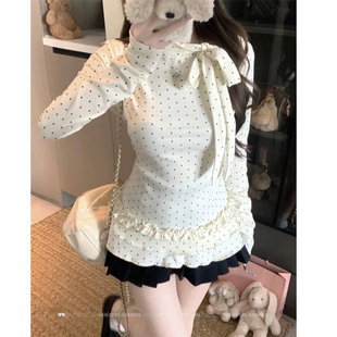 韩系甜美风蝴蝶结波点内搭打底衫秋冬新款修身荷叶边百搭上衣女