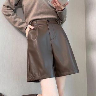 高腰宽松显瘦配靴子阔腿五分皮裤 纯色PU皮短裤 女秋冬外穿2026新款