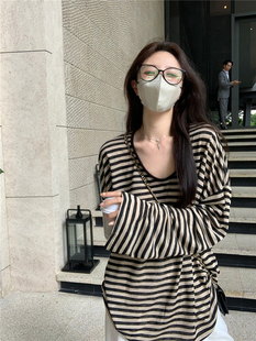 宽松中长款 防晒薄款 百搭休闲上衣 t恤女夏秋新款 慵懒风U领条纹长袖