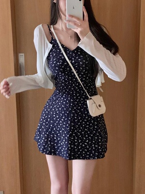 小个子碎花吊带连衣裙显瘦