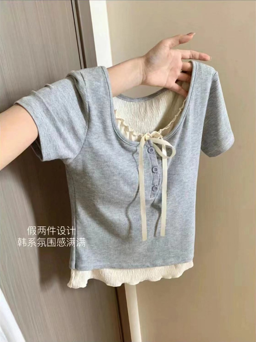 假两件正肩短袖T恤辣妹修身